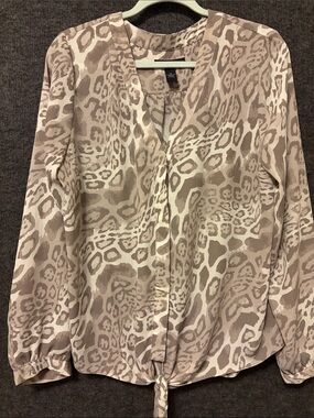 INC International Concepts Beige and Cream Animal Print Tie-Hem Blouse